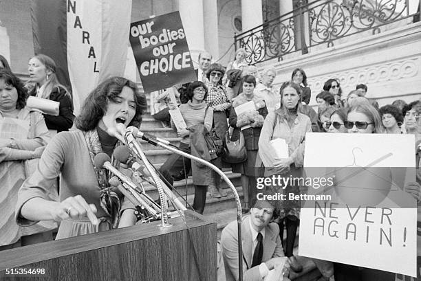 Washington, DC- Representative Pat Schroeder addresses a noontime rally of pro-abortionists on the Capitol steps. The group was protesting the ban on...