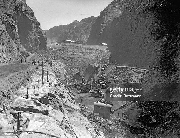 Boulder City, CO- Picture shows an aerial view of mass construction of the Boulder Dam .