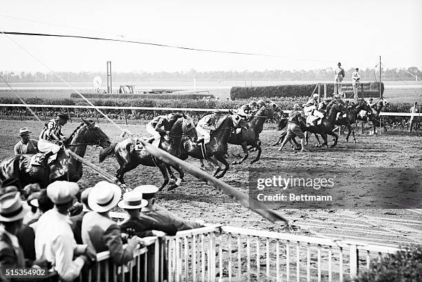 Belmont Park, NY- Here is the start of the $25,000 added Belmont Stakes, showing the field getting away from the barrier. Hurryoff, J.E. Widner's...