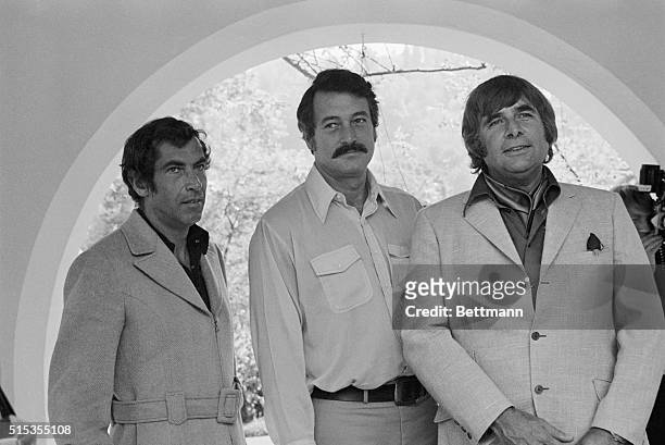 Director Roger Vadim, actor Rock Hudson, and producer Gene Roddenberry at a press conference before beginning work on a new film in which Hudson will...