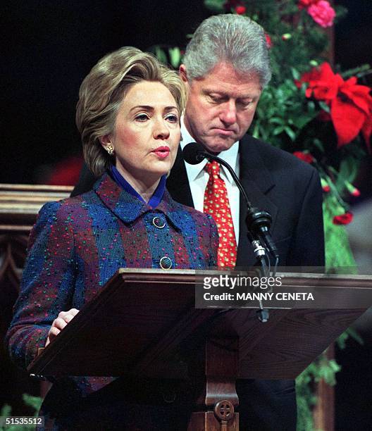 First Lady Hillary Rodham Clinton delivers her remarks at the church services while the US President bill Clinton listens at the Washington National...