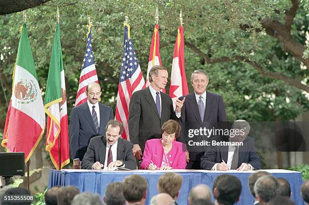 San Antonio, TX- The North American Free Trade Agreement was initialed in San Antonio 10/7, with President Bush Mexican President Carlos Salinas de...