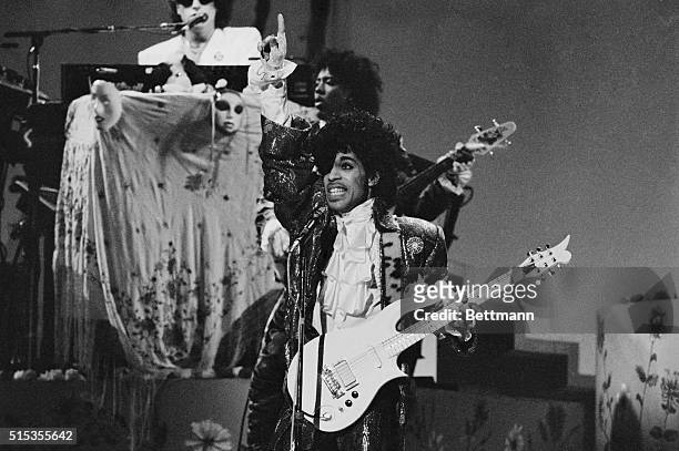 Rock star Prince performs during the American Music Awards in Los Angeles at the Shrine Auditorium in 1985. Prince led all contenders with eight...