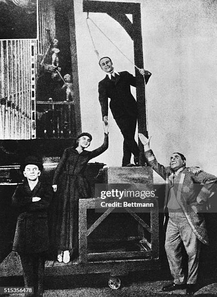 Final scene from premier of Kurt Weill's "Three Penny Opera" in 1928. Harold Paulsen as "Mack the Knife" . Standing left to right: Erich Ponto , Roma...