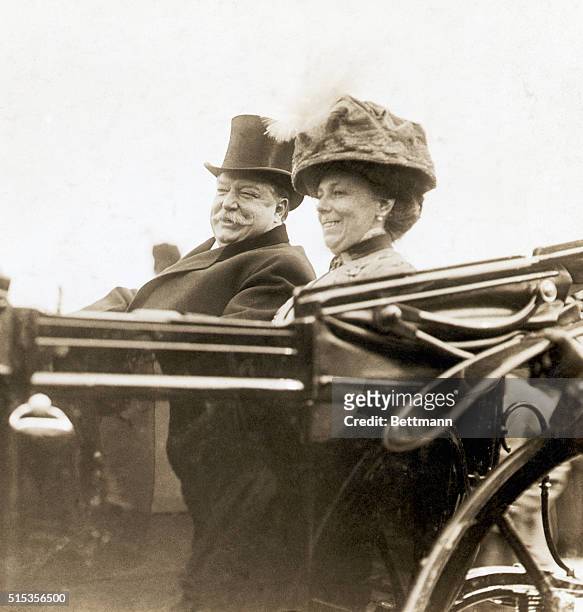 Picture shows President William H. Taft, riding in a convertible with his wife, Helen Herron, seated at his side. Undated photo circa 1910s.