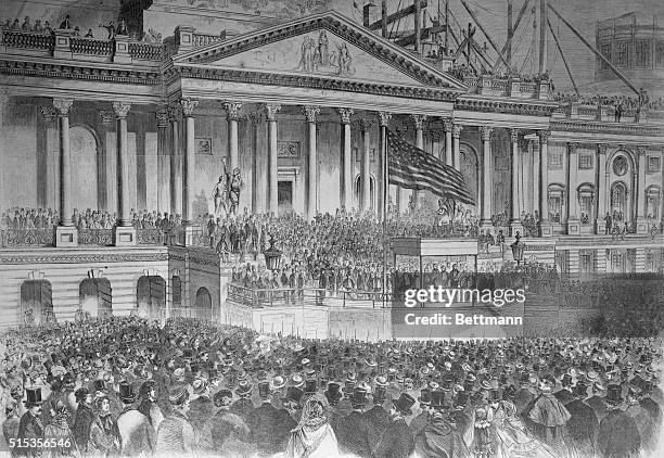 Inauguration of 16th President of the U.S., Capitol, Washington, D.C. Abraham Lincoln Pres. Elect, reads inaugural address before receiving oath of...