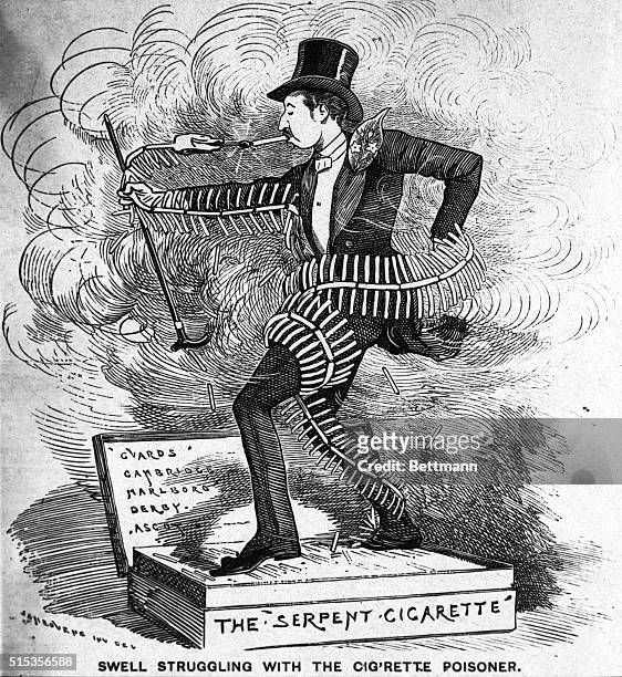 English cartoon, one of the very few on the cigarette, entitled THE CIGARETTE SERPENT. Fight against cigarette poison, 1882.
