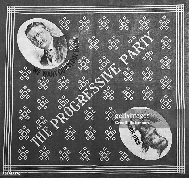 Election banner for Theodore Roosevelt's Progressive Party . Roosevelt's image appears in the upper left corner, and he bull moose in the lower right...