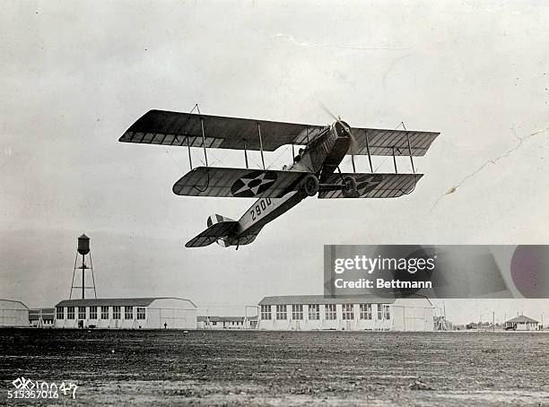 World War I Aviation. American double-decker taking off for flight.