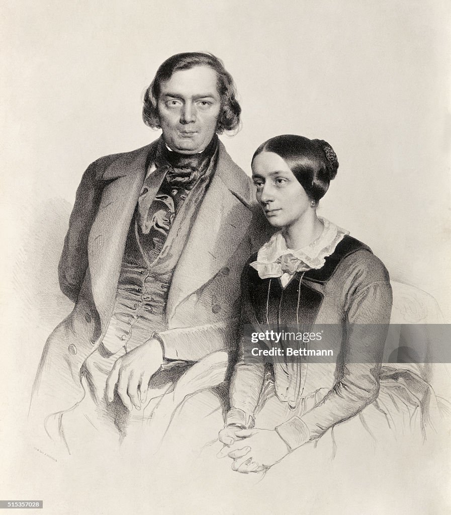 Lithograph of Robert Schumann Posing with His Wife by Hofelich