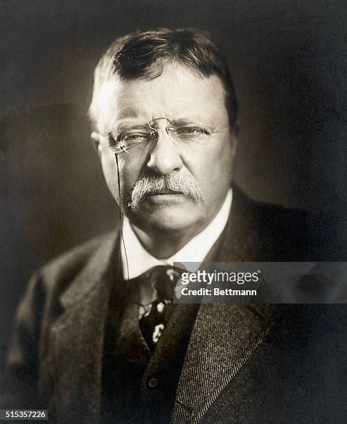 Portrait of Theodore Roosevelt, 26th President of the United States , wearing a pair of pince-nez and showing full face. Undated photograph, circa...