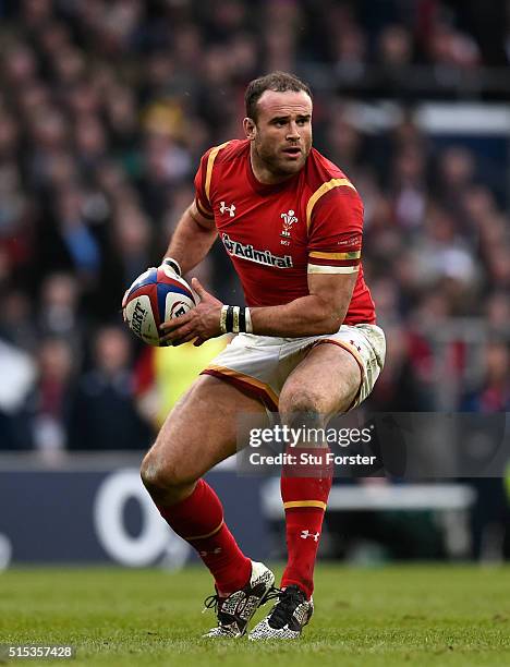 Wales player Jamie Roberts in action during the RBS 6 Nations match between England and Wales at Twickenham Stadium on March 12, 2016 in London,...