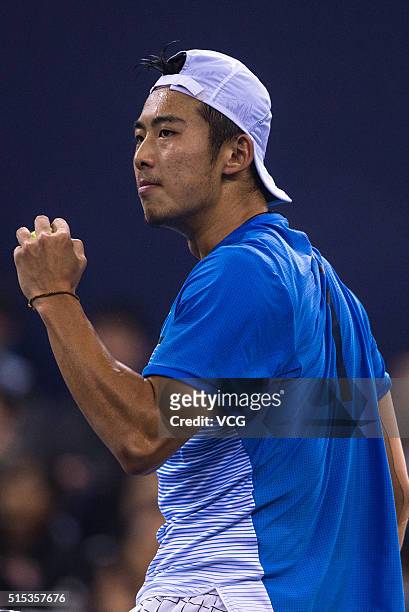 Zhang Ze of China reacts in the men's singles final match against Thomas Fabbiano of Italy during 2016 ATP Zhuhai Challenger on March 13, 2016 in...