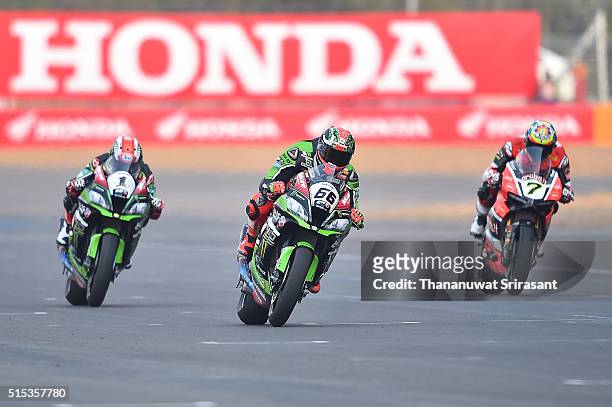 Jonathan Rea, Tom Sykes and Chaz Davies of Great Britain competes during the Buriram World Superbike Championship on March 13, 2016 in Buri Ram,...