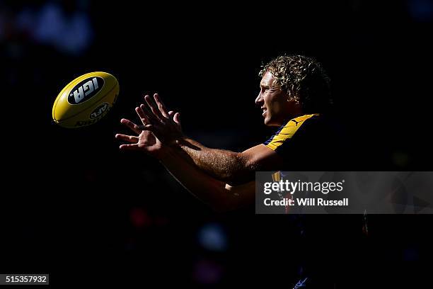 Matt Priddis of the Eagles warms up before the 2016 NAB Challenge match between the West Coast Eagles and the Essendon Bombers at Domain Stadium,...
