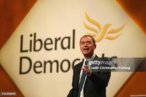 Liberal Democrat leader Tim Farron delivers his keynote speech to delgates during the Liberal Democrats spring conference at York Barbican on March...