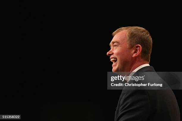 Liberal Democrat leader Tim Farron delivers his keynote speech to delgates during the Liberal Democrats spring conference at York Barbican on March...