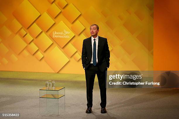 Liberal Democrat leader Tim Farron delivers his keynote speech to delgates during the Liberal Democrats spring conference at York Barbican on March...