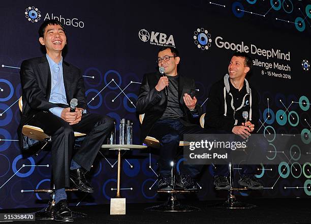 South Korean professional Go player Lee Se-Dol speaks during the press conference after fourth match against Google's artificial intelligence...
