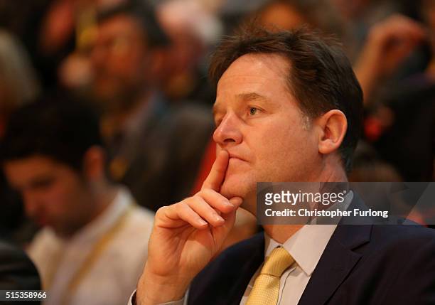 Former Liberal Democrat leader Nick Clegg listens to a speaker during the Liberal Democrats spring conference at York Barbican on March 13, 2016 in...