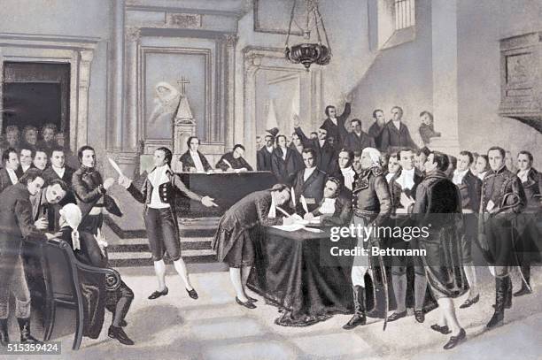 Miranda and Bolivar lead their followers in signing of the Declaration of Independence for Venezuela against Spanish rule, July 5, 1811.