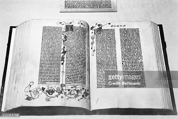 Gutenberg Bible showing the page with the beginning of the New Testament. Richly illuminated copy, formerly in the possession of the Prussian State...