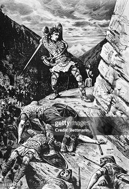 Roland trying to destroy his sword after being attacked by the Saracens at Roncevalles, engraving.