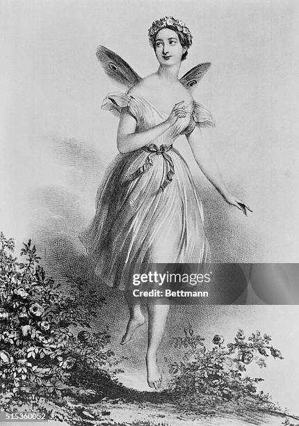 MARIE TAGLIONI IN THE SYLPHIDE. DRAWING BY DEVERIA. DANCER IS EXECUTING A JETE AVANT.