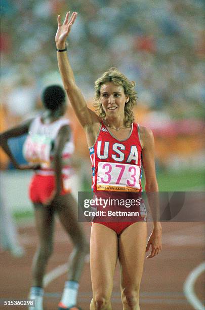 Los Angeles: USA's Mary Decker leads the pack in the first heat of the 3000m run at the Olympics in Los Angeles. She won the heat over Italy's Agnese...