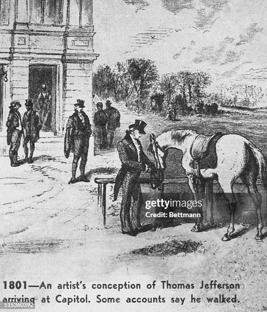 United States President Thomas Jefferson tethers his horses to a post before attending his inauguration.