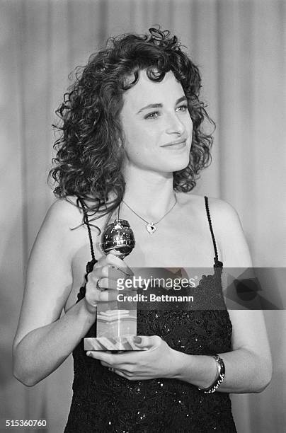 Hollywood, California: Marlee Matlin shows her joy after winning the Gold Globe Award for best performance by an actress in a motion picture-drama....