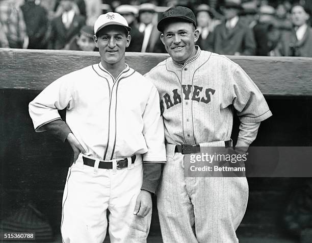 Friendly enemies, Andy Cohen of the Giants and Rogers Hornsby of the Boston Braves, pictured before the season opener at the Polo Grounds. The Giants...