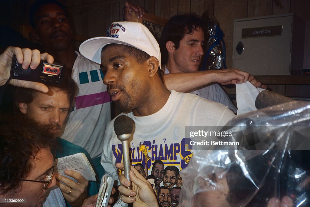 Magic Johnson Being Interviewed in Locker Room