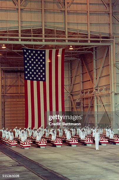 Dover, Del.: With a huge American flag as a backdrop, members of the honor guard stand at attention at the foot of each of the 36 flag drapped...
