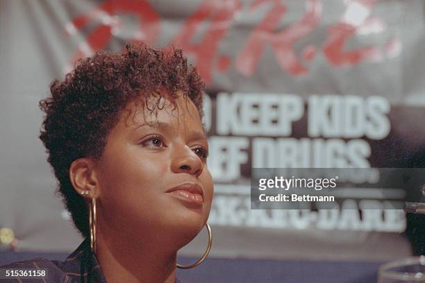 Washington: Actress Tempest Bledsoe, who plays Vanessa Huxtable inThe Cosby Show looks away during a news conference called to announce the results...