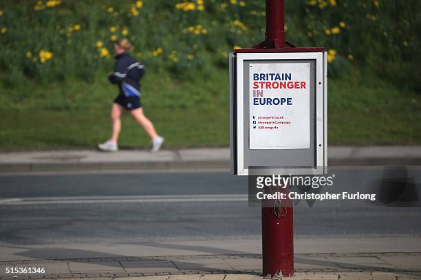 Britain Stronger In Europe campaign poster adorns a lamp post outside the York Barbican during the Liberal Democrats spring conference on March 13,...