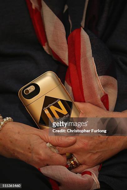 For South East England, Catherine Bearder, wears a Union flag scarff and has an, IN together pro-European campaign sticker on her phone, during the...