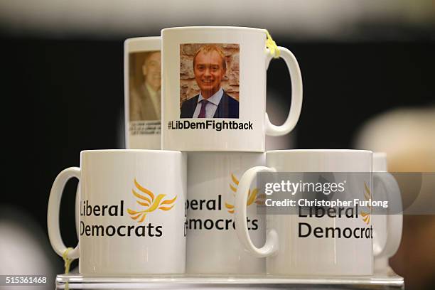 Libdem mugs with a picture of leader Tim Farron on them are displayed for sale during the Liberal Democrats spring conference on March 13, 2016 in...