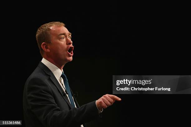 Liberal Democrat leader Tim Farron delivers his keynote speech to delegates during the Liberal Democrats spring conference at York Barbican on March...