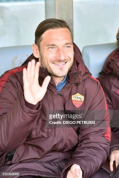Romas forward Francesco Totti gestures on the bench during the Italian Serie A football match between Udinese Calcio and AS Roma on March 13 at the...