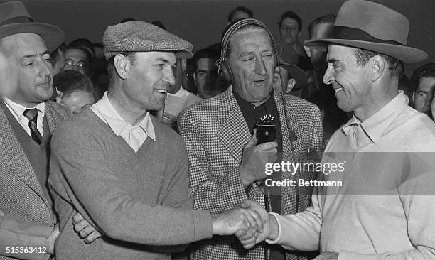 Ben Hogan congratulates Sammy Snead after Snead won, four up over Hogan in the final go-around of the 24th Los Angeles Open Golf tournament....