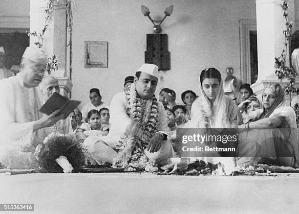 The marriage ceremony of Feroze Gandhi and Indira Nehru at Anand Bhavan, Allahabad, India, 26th March 1942. At the extreme right is Mrs. Vijaya...