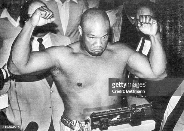 Former World Heavyweight champ George Foreman weighs in prior to his fight against Steve Zouski, which will be held later in the evening at the Arco...