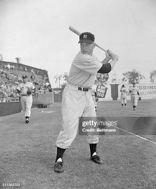 One of the hottest rookie prospects ever to hit a major league training camp is young, switch hitting Mickey Mantle now burning up the exhibition...