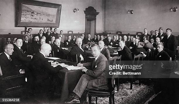 The scene during the memorable session in the Palace of Justice at Locarno, Switzerland, when Germany, France, Belgium, Italy and Great Britain...