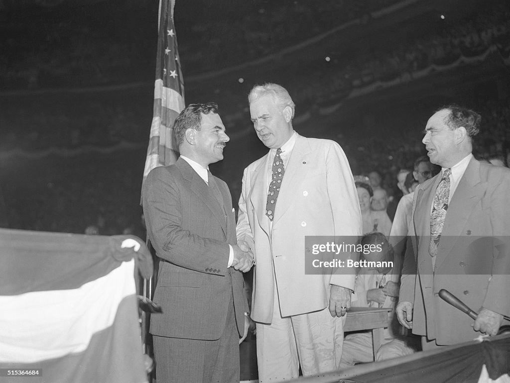 Governors Thomas E. Dewey and John W. Bricker Shaking Hands at Podium