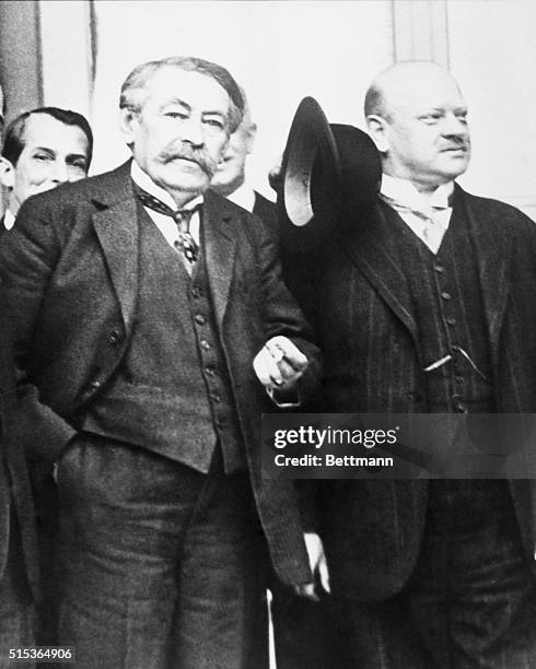 Photo of Aristede Briand and Gustav Streseman , political leaders of France and Germany, respectively, at a League meeting at the Lugano Conference.