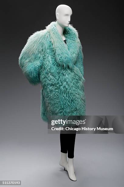 Coat made of fluffy blue sheepskin, designed by Claude Montana, circa 1980s. Shown as part of the Chicago History Muesum's November 2014 'Chicago...