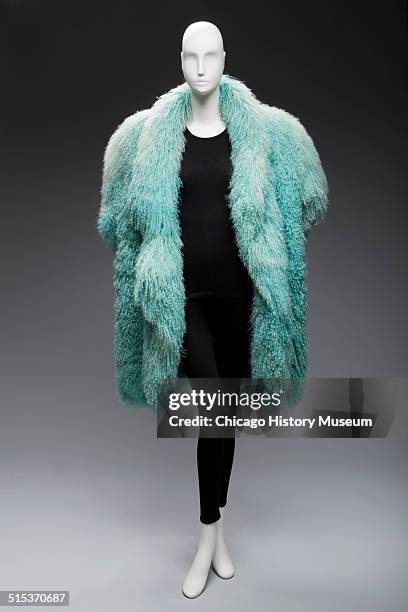 Coat made of fluffy blue sheepskin, designed by Claude Montana, circa 1980s. Shown as part of the Chicago History Muesum's November 2014 'Chicago...