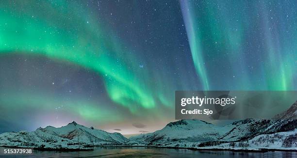 northern lights over the lofoten islands in norway - aurora panorama stock pictures, royalty-free photos & images